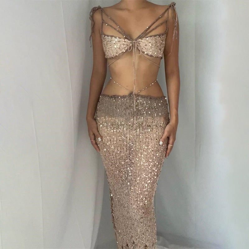 Women’s Sequin & Tulle Two-Piece Set – Glamorous Strappy Top + Flowy Skirt