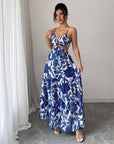 🌊 Sapphire Siren: Halterneck Maxi Dress with Floral Allure