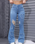 Women’s Washed Heart-Shaped Ripped Flared Jeans – High-Waist Stretch Denim Bootcut Pants