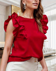 🌹 Women’s Elegant Ruffle Sleeve Pleated Blouse – Sleeveless Round Neck Top