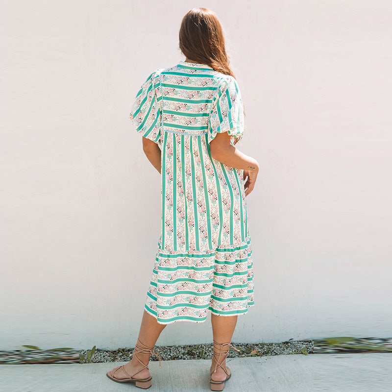 Women's Striped & Plaid Long Dress - Loose Slim Fit High Waist Puff Sleeve Maxi Dress (Polyester, S-XL)