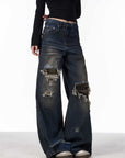 Women’s Camo-Patch Wide-Leg Jeans – Distressed Denim (Dark Blue, 95% Cotton)