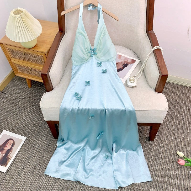 Women's French Vacation Halter Dress - Glacier Blue Floral A-Line Maxi Dress (Sleeveless, Polyester, Mid Waist)