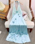 Neckholder-Kleid im französischen Urlaubsstil für Damen – Gletscherblaues Maxikleid mit Blumenmuster in A-Linie (ärmellos, Polyester, mittlere Taille)