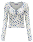 Women's Floral Print Slim-Fit Crop Top - V-Neck Long Sleeve Stretchy Blouse (Sizes S-XL)