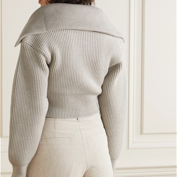 Women’s Large-Collar Lapel Short Knit Sweater – Slim-Fit Soft Texture Chic Style