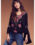 Women's Bohemian V-Neck Lace-Up Blouse – Hand-Embroidered Cotton Top – Retro Artistic Vibes