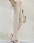 Women's Mulberry Silk Trousers - High Waist Wide Leg Pants (XS-L) - Beige Brown Lightweight Dress Pants for Work & Evening