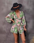 Women’s Autumn Floral V-Neck Long Sleeve Shorts Jumpsuit – Elegant Bohemian Chic Romper