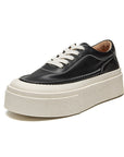 Women's Platform Board Shoes - Embossed Cowhide Leather Sneakers (Black/White) - Chunky Rubber Sole Tie-Up Sports Shoes