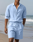 🌴 Men's Linen Beach Suit Set – Long Sleeve Shirt & Casual Shorts (6 Colors) – Breathable Summer Style