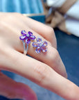 Amethyst Sterling Silver Ring – Floral Inlaid Gemstone Jewelry – Boho Chic Statement Piece