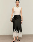 Women’s Lace Patchwork A-Line Skirt – Elegant Triacetate Mid-Calf Bias Cut Office Skirt