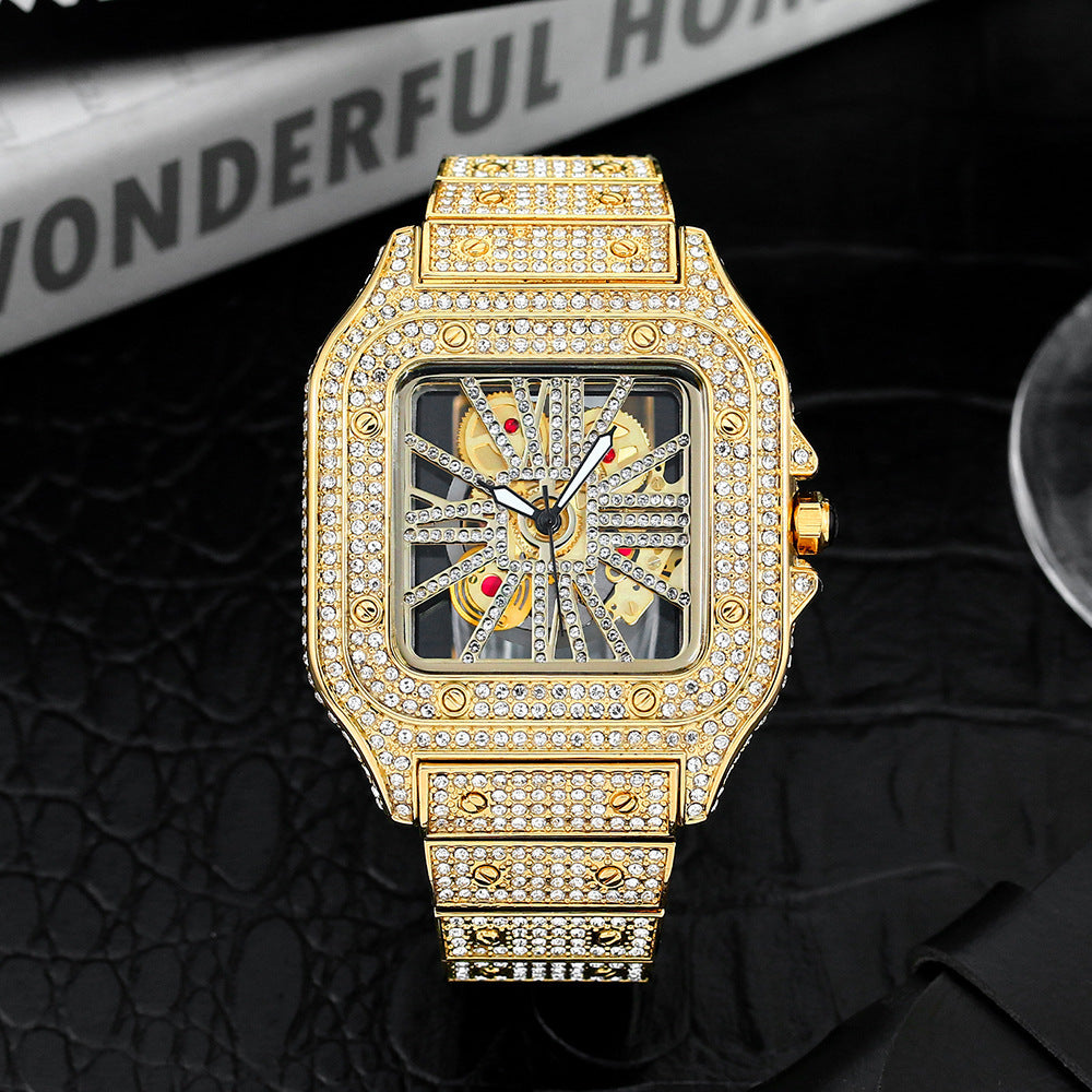 Men’s Square Skeleton Watch – Full Diamond Quartz (Gold/Silver, 44mm)