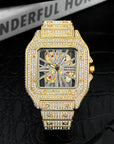 Men’s Square Skeleton Watch – Full Diamond Quartz (Gold/Silver, 44mm)