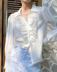 🇫🇷 Chemise en lin d'inspiration française pour femme – Coupe slim avec dentelle et manches bouffantes (chic intellectuel)