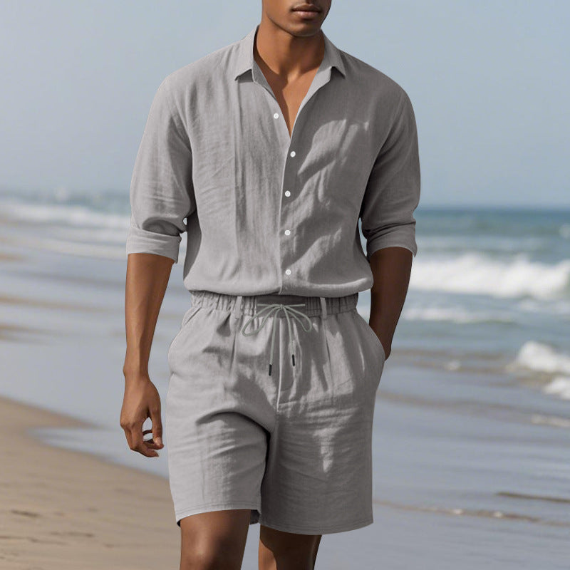 🌴 Men's Linen Beach Suit Set – Long Sleeve Shirt & Casual Shorts (6 Colors) – Breathable Summer Style