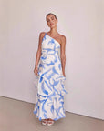Robe longue à volants et imprimé floral pour femme (rose/violet/bleu) – Robe de soirée sexy sans manches en polyester
