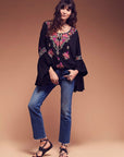 Women's Bohemian V-Neck Lace-Up Blouse – Hand-Embroidered Cotton Top – Retro Artistic Vibes