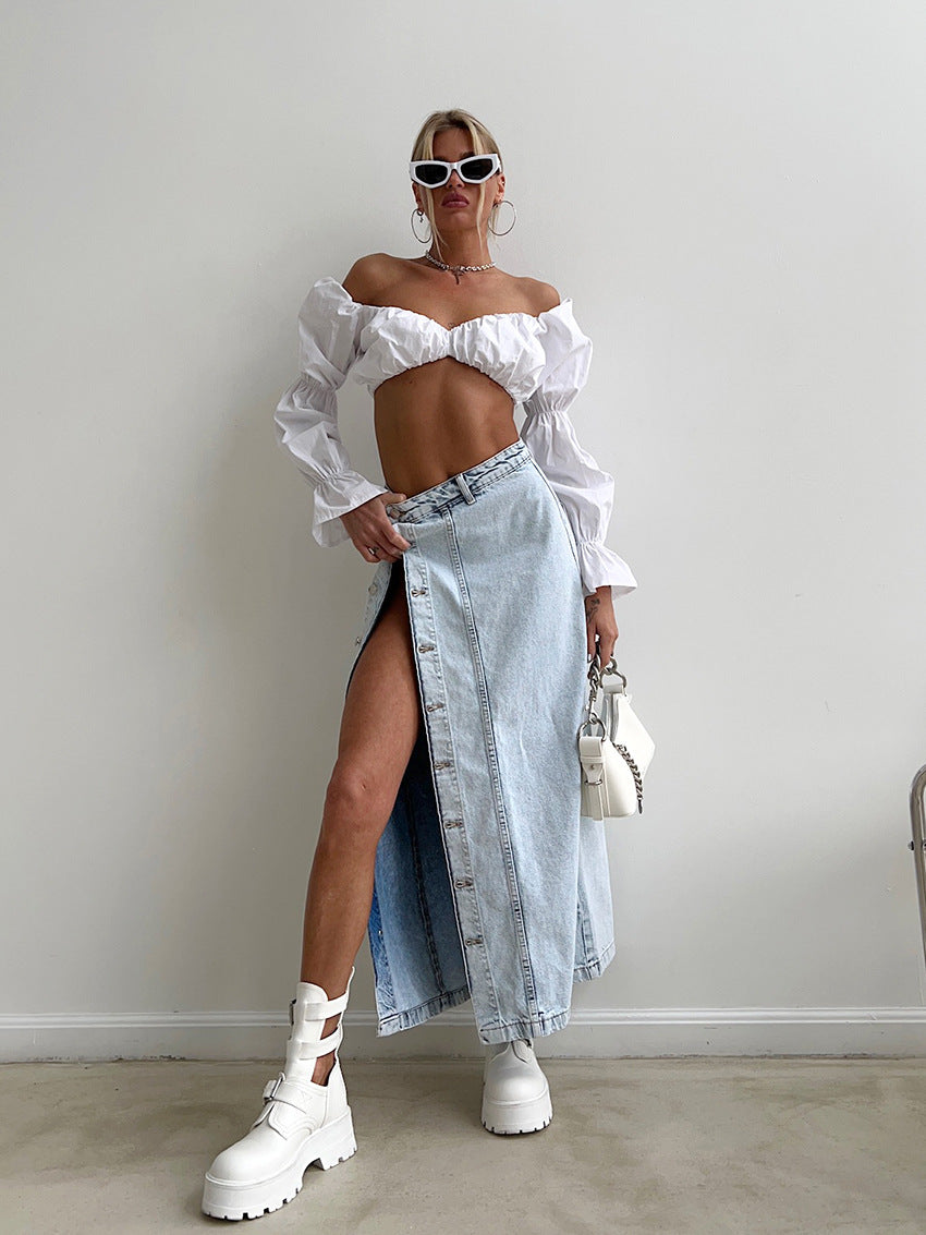 Damen-Maxirock im Used-Look aus Denim – dehnbarer, verwaschener A-Linien-Langrock (Spandex-Mischung, SL) für Büro und Freizeit