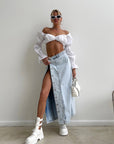 Women's Distressed Denim Maxi Skirt - Stretchy Washed A-Line Long Skirt (Spandex Blend, S-L) for Office & Casual Wear