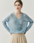 Women 75% Cashmere 25% Mulberry Silk Knitted Cardigan – Lightweight V-Neck Loose Fit Cut-Out Button Sweater