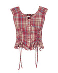 Women's Off-Shoulder Plaid Shirt - Two-Way Drawstring Waist Tie Top (100% Cotton, Blue/White/Red Retro, S-XL)
