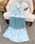 Neckholder-Kleid im französischen Urlaubsstil für Damen – Gletscherblaues Maxikleid mit Blumenmuster in A-Linie (ärmellos, Polyester, mittlere Taille)