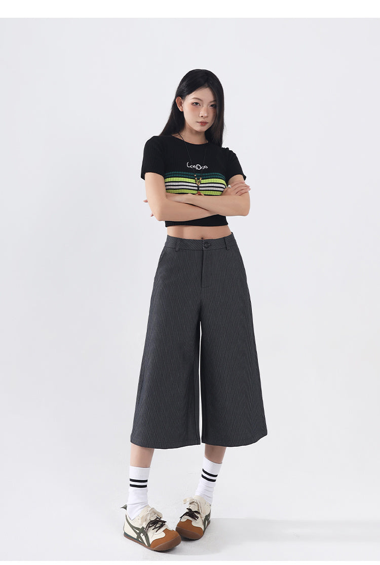 Women’s Straight Leg Striped Pants - High-Waisted Polyester Trousers (Black/Gray, 96% Polyester) Office & Casual Wear