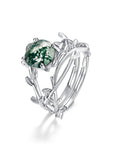 🌿 Silver Green Moss Agate Ring – Adjustable Open Band – Boho Vintage Statement Jewelry