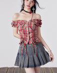 Women's Off-Shoulder Plaid Shirt - Two-Way Drawstring Waist Tie Top (100% Cotton, Blue/White/Red Retro, S-XL)