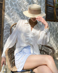 🇫🇷 Chemise en lin d'inspiration française pour femme – Coupe slim avec dentelle et manches bouffantes (chic intellectuel)