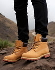 Men's Genuine Cowhide Leather Boots – Non-Slip, Warm High-Top Doc Martens Style (White / Yellow / Black)