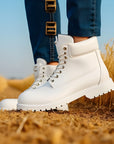 Men's Genuine Cowhide Leather Boots – Non-Slip, Warm High-Top Doc Martens Style (White / Yellow / Black)