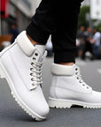 Men's Genuine Cowhide Leather Boots – Non-Slip, Warm High-Top Doc Martens Style (White / Yellow / Black)