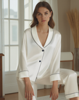 Pyjama en soie de mûrier 19 mm pour femme - Col à revers (blanc/abricot clair) - Vêtements de détente respirants de luxe (M-XL)