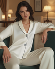 Pyjama en soie de mûrier 19 mm pour femme - Col à revers (blanc/abricot clair) - Vêtements de détente respirants de luxe (M-XL)
