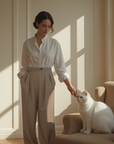 Women's High-Waisted Wool Pants - Khaki Wide Leg Trousers (Straight Cut) - Premium Warm Winter Dress Pants
