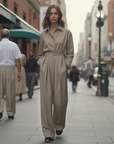 Women's High-Waisted Wool Pants - Khaki Wide Leg Trousers (Straight Cut) - Premium Warm Winter Dress Pants