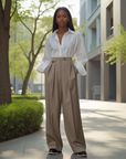 Women's High-Waisted Wool Pants - Khaki Wide Leg Trousers (Straight Cut) - Premium Warm Winter Dress Pants