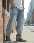 Men’s Retro Washed Denim Jeans – Classic Straight Mid-Waist Style