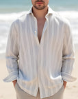 Men's Loose Fit Summer Shirt - Windsor Collar Striped Pullover (White) - Moisture-Wicking Long Sleeve Casual Top