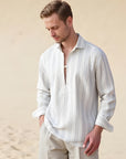 Men's Loose Fit Summer Shirt - Windsor Collar Striped Pullover (White) - Moisture-Wicking Long Sleeve Casual Top