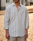 Men's Loose Fit Summer Shirt - Windsor Collar Striped Pullover (White) - Moisture-Wicking Long Sleeve Casual Top