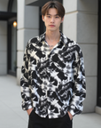 Chemise ample à revers tie-dye pour homme – Délavage à l'encre noire (P/M/G)