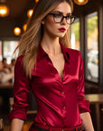 🔥 LUXUS-DAMENHEMD AUS SATINSEIDE – Button-Down-Bluse mit Polokragen (19–22 Momme echte Seide) – Eleganz für die Arbeit und den Abend