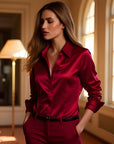 🔥 LUXUS-DAMENHEMD AUS SATINSEIDE – Button-Down-Bluse mit Polokragen (19–22 Momme echte Seide) – Eleganz für die Arbeit und den Abend