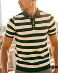 🔥 GESTREIFTES STRICKPOLOSHIRT FÜR HERREN – Hochwertiges, atmungsaktives Kurzarmoberteil (Schwarz/Grün/Blau) – Smart Casual Essential