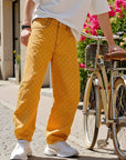Men's Yellow Straight Leg Jeans - Retro Loose Fit Denim Pants with Zipper Fly (100% Cotton)