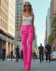 Flower Micro Pants for Women – High-Waisted Long Pants with Floral Decor – White & Pink Polyester Blend